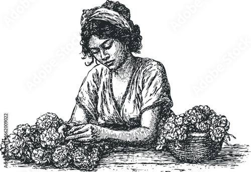 Young woman crafting floral arrangements from a basket of flowers