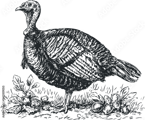 Detailed sketch of a wild turkey standing in grassy terrain with leaves and acorns