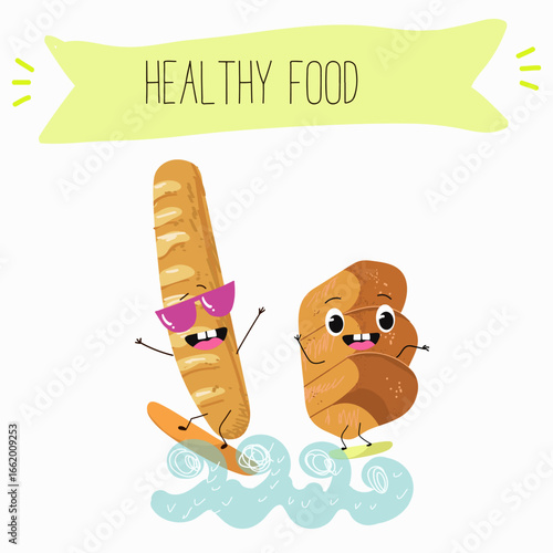 Baked food, french baguette, funny characters, hand drawn vector illustration.