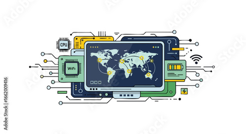 Global connectivity solution represented by a world map display and tech components network illustration