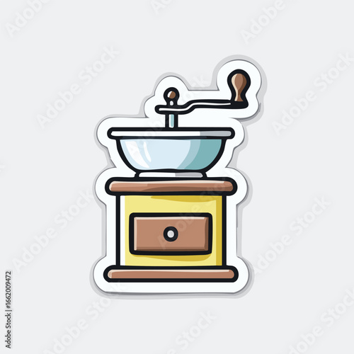Illustration of a vintage coffee grinder, featuring a wooden base and a hand crank.