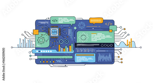 Innovative technological interface design illustrating complex data analytics and processing functions, blending modern aesthetics with functional
