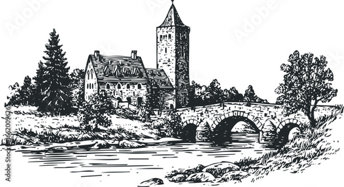 Old stone bridge arches over tranquil river leading to historic chateau and tower