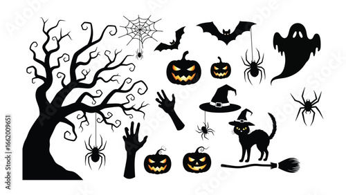 Halloween Silhouette Scene: Spooky vector graphic, evoking the festive and eerie spirit of Halloween. Featuring a classic assemblage of iconic symbols: carved pumpkins, spiders, and haunted house.
