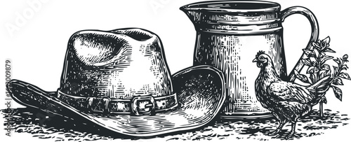 Woodcut Style Cowboy Hat, Metal Pitcher, and Hen with Foliage