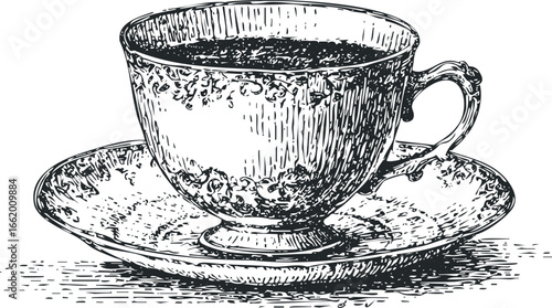 Detailed Sketch of Vintage Tea Cup and Saucer Filled with Beverage