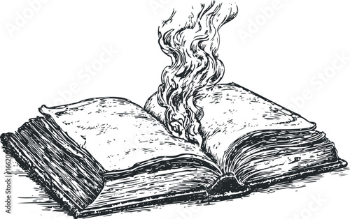 Old open book with smoke or flames rising from its pages
