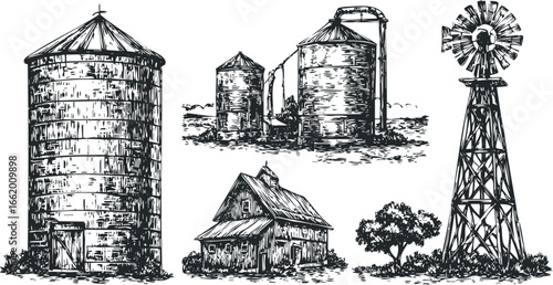 Farm scene with silo, barn, and windmill illustration