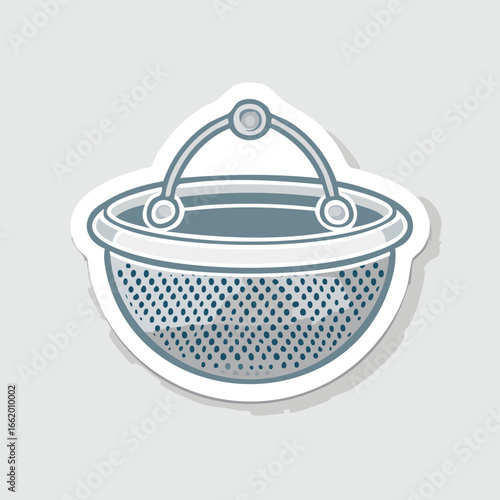 Illustration of a silver metal strainer with a handle, used for draining liquids.