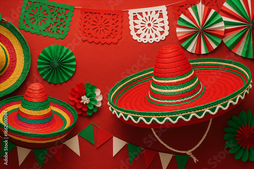 Colorful Mexican fiesta decorations with sombreros and banners
