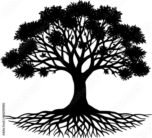 Abstract black tree silhouette with winged roots, a nature vector art design
