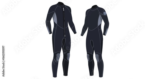 Neoprene diving suits showcased against a stark white backdrop highlighting aquatic sports gear and design details, ideal for water sports, and