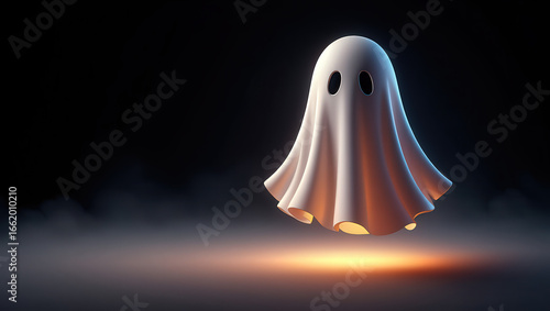 Ethereal specter gracefully floating amidst an enigmatic dark backdrop, emanating a captivating glow, perfect for Halloween themes.