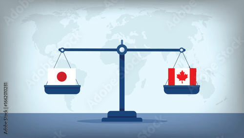 Balance Scale with Canada vs Japan Flags , International Relations and Global Trade Concept Vector