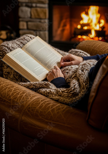 A person is curled up in a leather armchair, reading an open book while draped in a chunky brown and beige knitted blanket by the fire