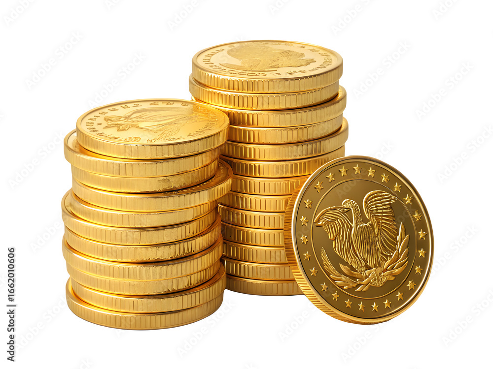 Stacks of shiny gold coins with one coin leaning against them Stacks of shiny gold coins with one coin leaning against them