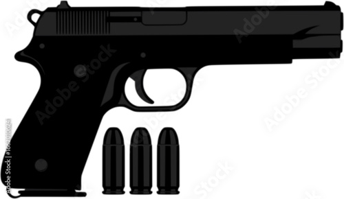 Handgun with bullets on a white background
