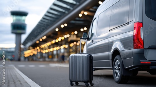 Gray shuttle van with suitcase at airport terminal