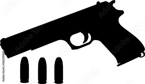 Handgun with bullets on a white background
