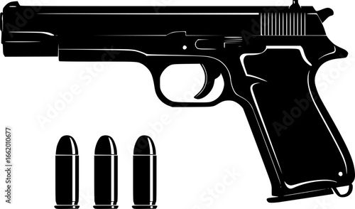 Handgun with bullets on a white background
