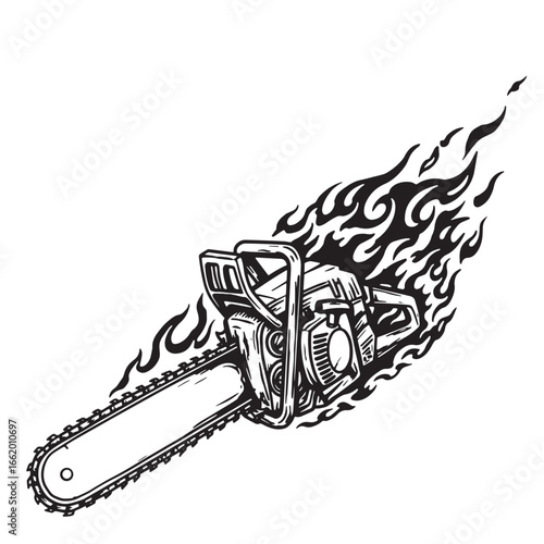 A black and white illustration of a chainsaw engulfed in flames on a white background