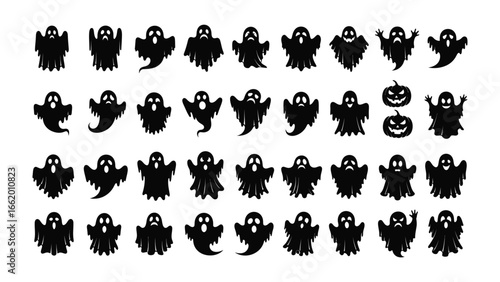 Spooky Ghost Collection: A collection of ghostly figures in various poses with a spooky Halloween vibe, designed with simplicity and elegance.