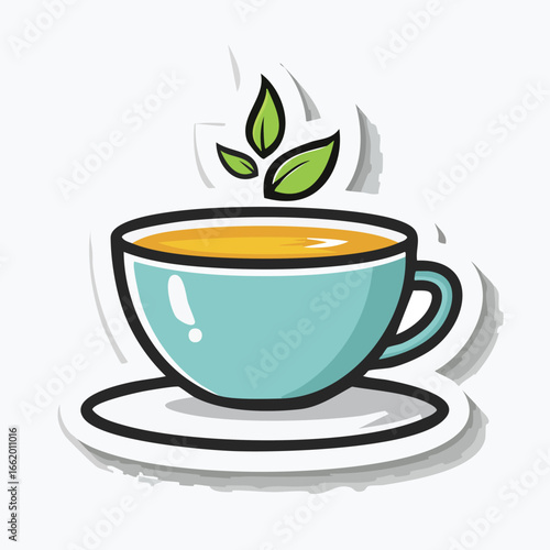 A detailed illustration of a light blue teacup filled with tea, with steam and leaves.