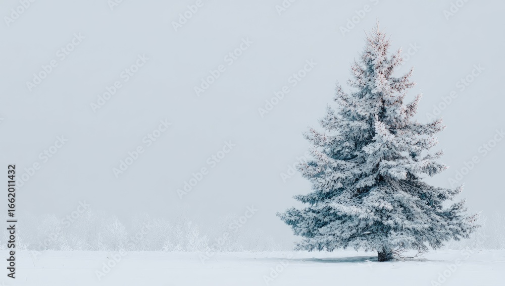 Fototapeta premium A solitary snow-covered evergreen stands in a vast, misty, snow-blanketed field, other frosted trees barely visible in the background