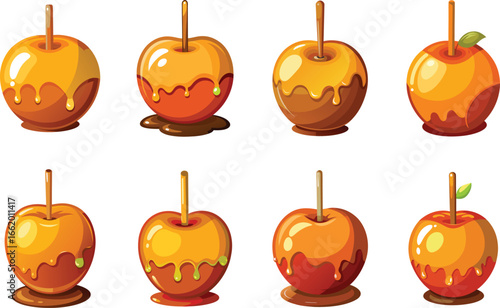 Cartoon illustration of eight different caramel apple sweets on white background