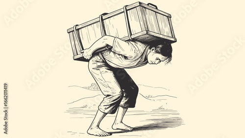 Vintage ink sketch of young barefoot person carrying a heavy wooden crate on their shoulders in a minimalist landscape with hills and plants, classic comic book and woodcut style art