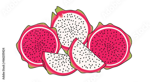 Vibrant dragon fruit slices and whole cut pieces arranged in a lively presentation for healthy food illustrations