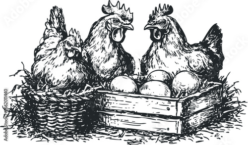 Three Chickens in a Nest with a Crate of Eggs