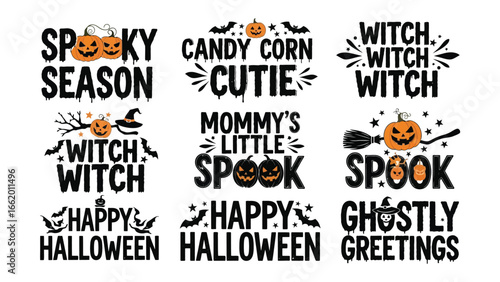 Halloween Typography: An assortment of Halloween-themed phrases and words artfully crafted in distinct typographic styles. Capturing the playful and spirited essence of the holiday.