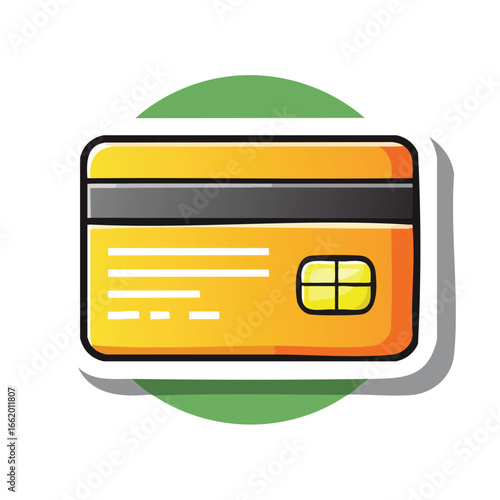 A detailed illustration of a yellow credit card with a black stripe on the back.