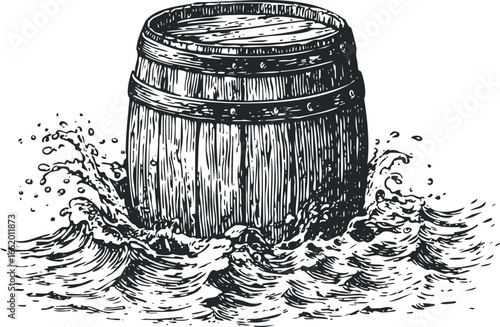 Wooden barrel submerged in turbulent water with splashes