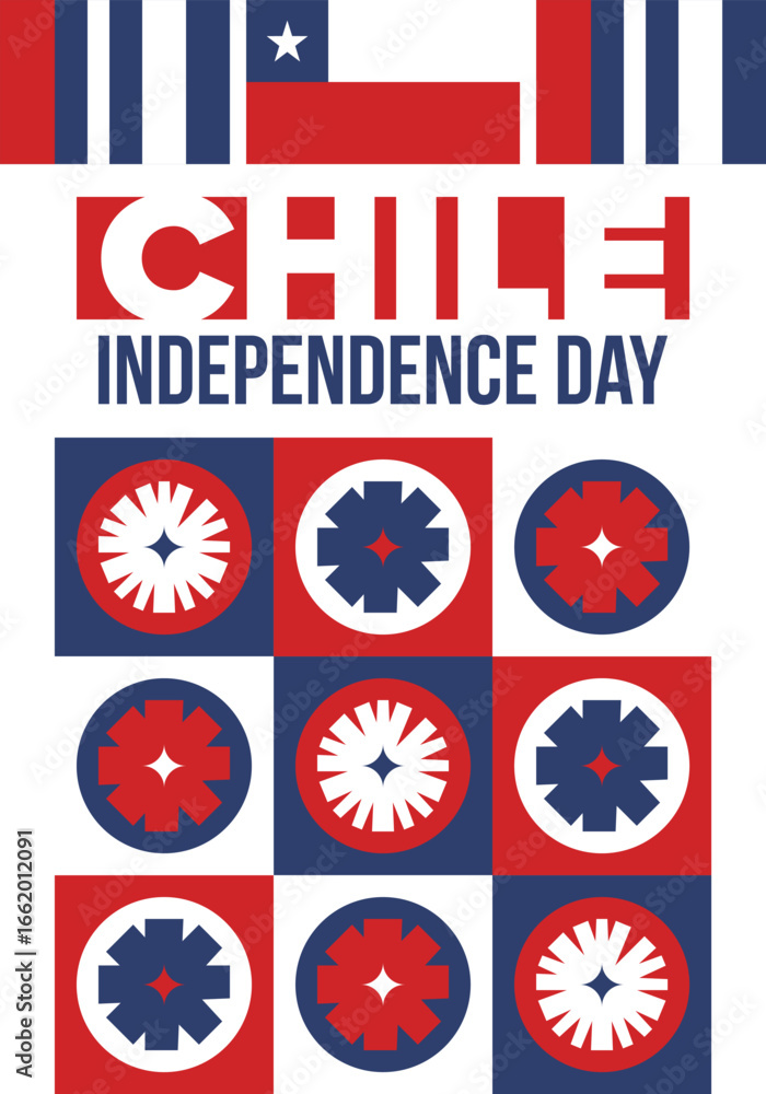 Obraz premium Chile Independence Day. Happy national holiday Fiestas Patrias. Freedom day. Celebrate annual in September 18. Chile flag. Patriotic chilean design. Poster, card, banner, template, background. Vector