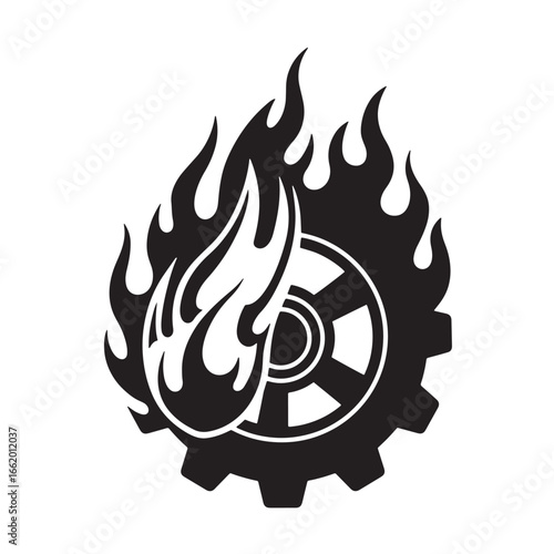 Black and white gear wheel with flames graphic representing speed power and energy