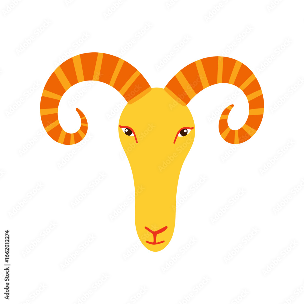 Fototapeta premium Cartoon yellow lamb head with orange curly horns on white background 