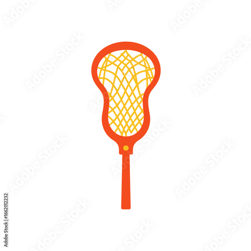 Orange lacrosse stick with yellow netting on white background  