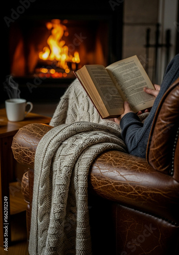 A person is wrapped in a light-colored cable-knit blanket, holding an open book and sitting in a brown leather armchair near a fireplace