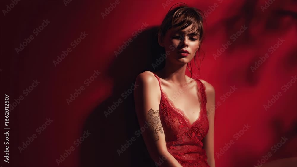 Elegant lingerie model in red lace against a dramatic red background, showcasing sensual fashion, soft lighting, and sophisticated style Elegant lingerie model in red lace against a dramatic red background, showcasing sensual fashion, soft lighting, and sophisticated style