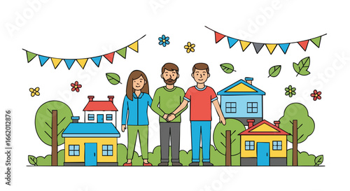 Neighborhood gathering with families and houses celebrating with colorful flags creating a cheerful and friendly community atmosphere