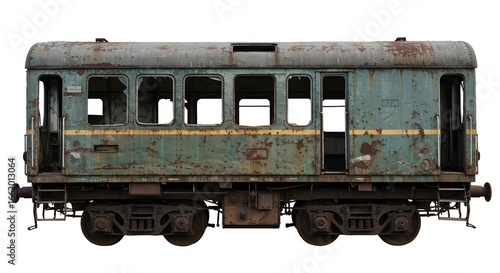 old rustic abandoned train carriage on white background