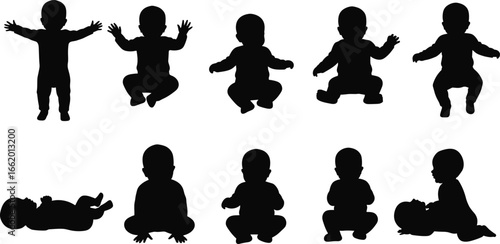 Baby silhouette poses in various positions—standing, sitting, lying down, squatting—child movement stages, infant development, vector illustration, black outlin