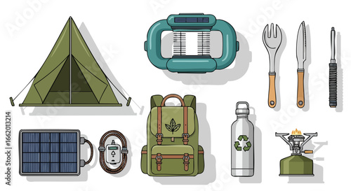 Essential camping gear collection, featuring tent, backpack, cooking equipment, and renewable energy solutions for sustainable outdoor adventures