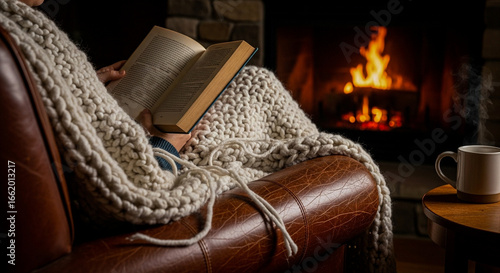 A person is relaxing in a brown leather armchair with a warm drink and a book, covered in a cozy cable-knit blanket near a fireplace