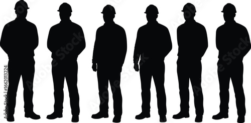 Construction worker silhouettes in hard hats, standing in row, side profile view, labor force, industrial job, vector illustration, safety gear