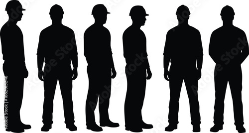 Construction worker silhouettes in hard hats, standing in row, side profile view, labor force, industrial job, vector illustration, safety gear