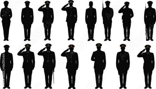 Military personnel silhouettes in uniform, saluting, standing at attention, holding rifles, navy and army poses, discipline, defense, patriotism, vector art