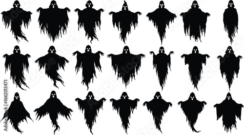 Ghost silhouettes with tattered edges and white eyes, spooky Halloween spirits in various poses, horror theme, vector illustration, black shapes
